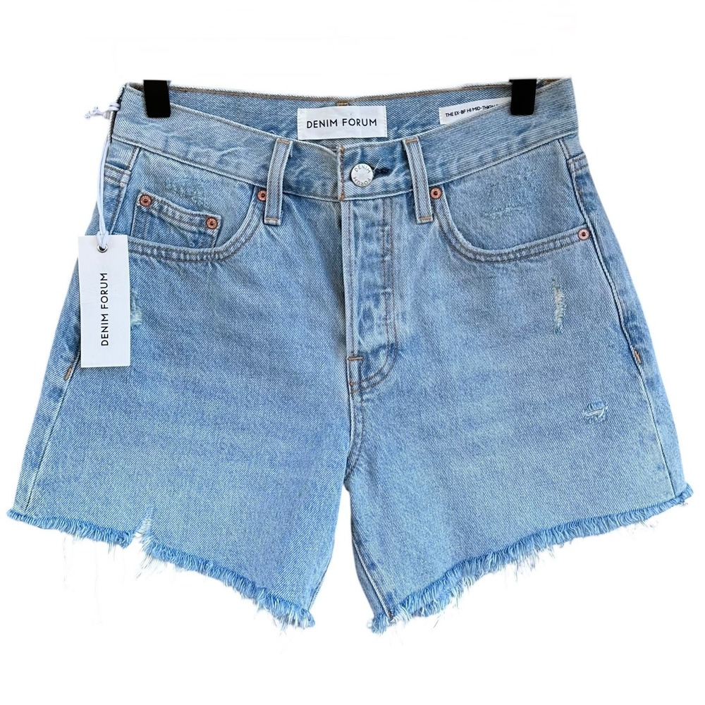 Aritzia Denim Forum The Ex-BF Hi Mid-Thigh Denim Shorts Light Wash Blue 23 NEW